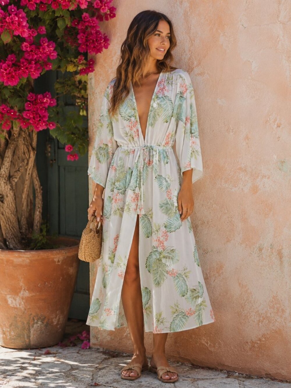 Los t+ Wander Lost in Paradise Kimono Dress Taupe Tropical One Size NWT